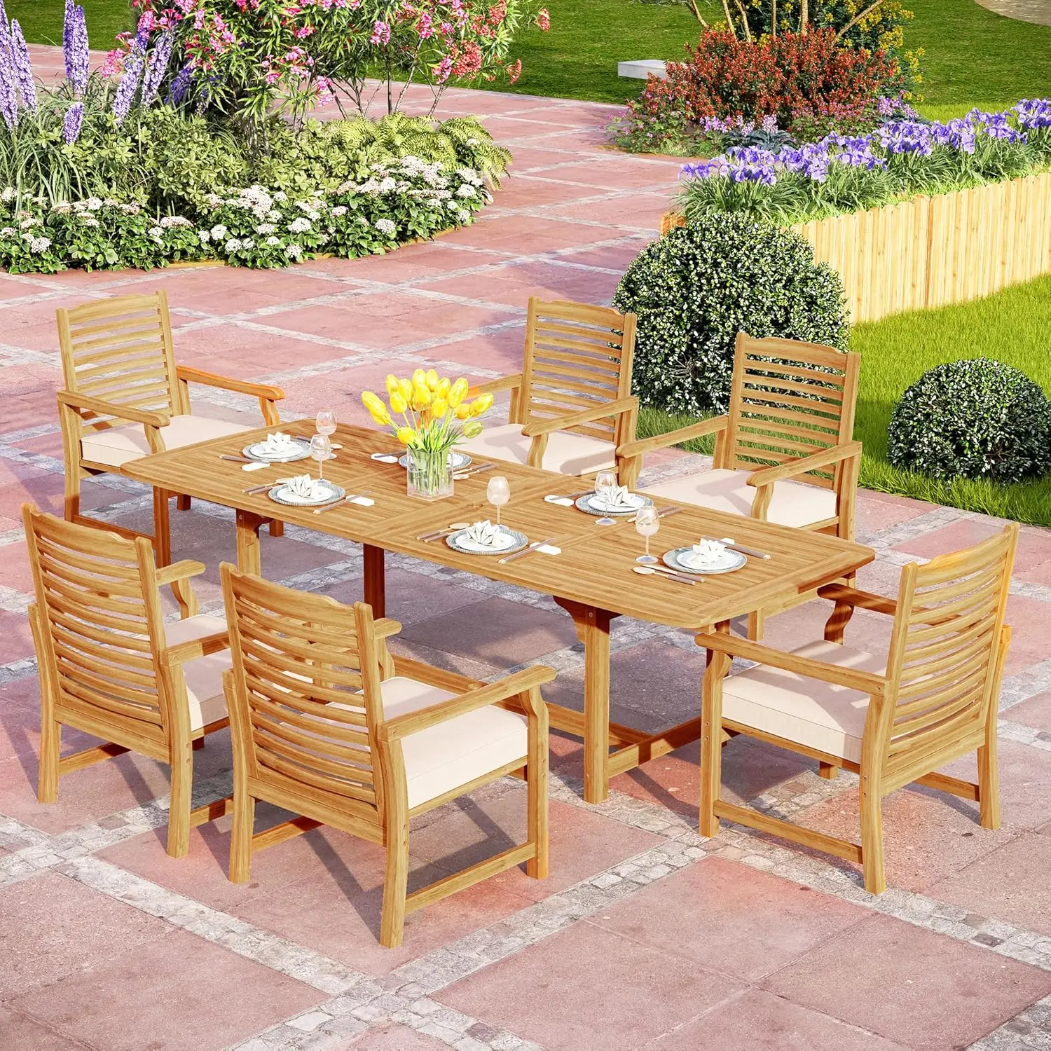 7 PCS Acacia Wood Outdoor Dining Set for 6, Expandable Teak Wooden Table & Dining Chairs with Cushions, Farmhouse Dining