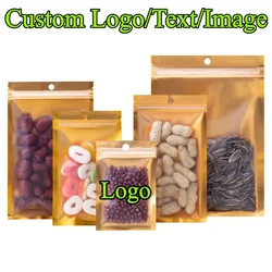 100PCS Clear Front Gold Aluminum Foil Ziplock Hanging Bag DIY Logo Matcha Cocoa Tea Coffee Powder Snack Candy Packaging Pouches