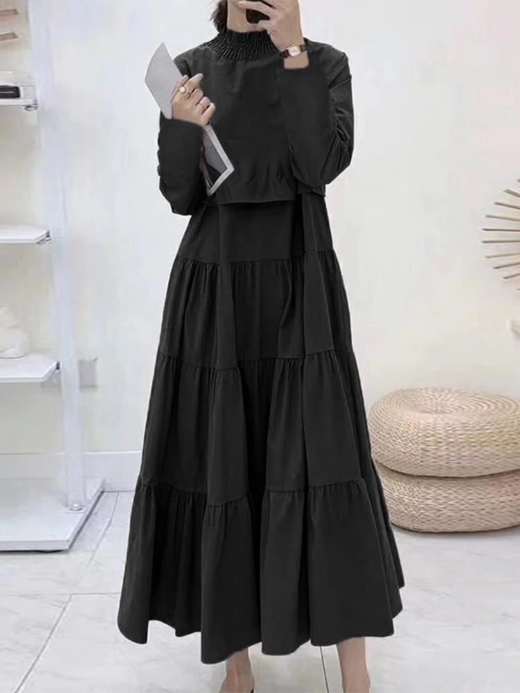 ZANZEA Elegant High Collar Ruffled Dress Casual Solid Color Robes Women 2023 Autumn Maxi Vestidos Party Holiday Cake Dresses