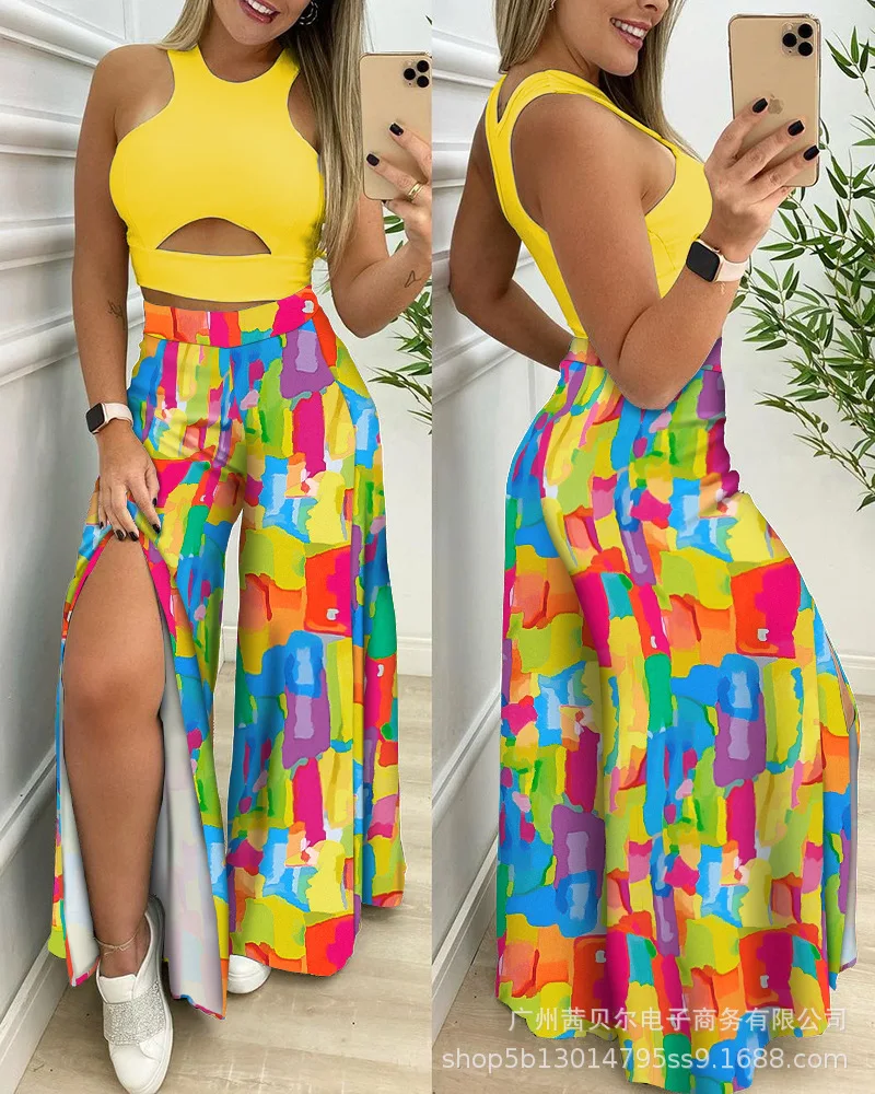 Two Piece Sets Womens Outifits 2022 Summer New Fashion Round Neck Sleeveless Short Top & Contrast Color Split Wide Leg Pants Set