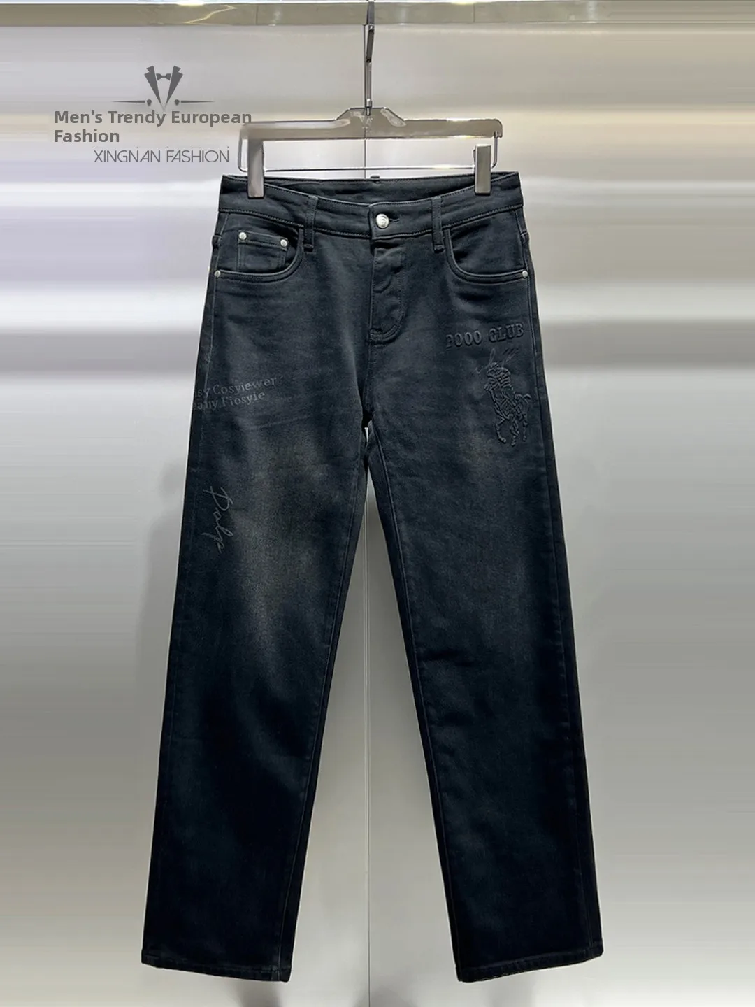 

Men's Fce Lined Loose Fit Denim Jeans Winter Floral Print High End Design Straight Leg Long Trousers Faionable Casual Jeans