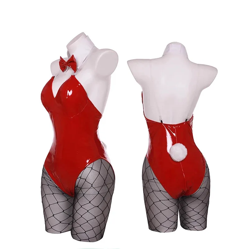 Juego ROLECOS, traje de conejito rojo y negro, tela de cuero elástico para mujer, traje de Cosplay Sexy, monos de Navidad y Halloween