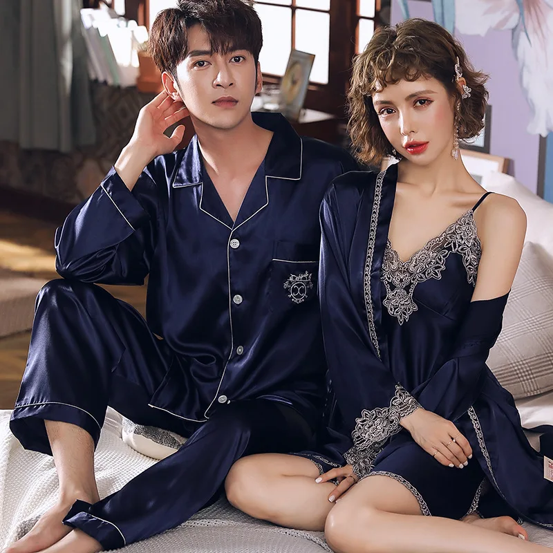 Couple Pajamas Suit Men Women Summer Ice Silk Thin Skirt Robe Spring Long-sleeved Home Clothing Lovers Loungwear Male Female