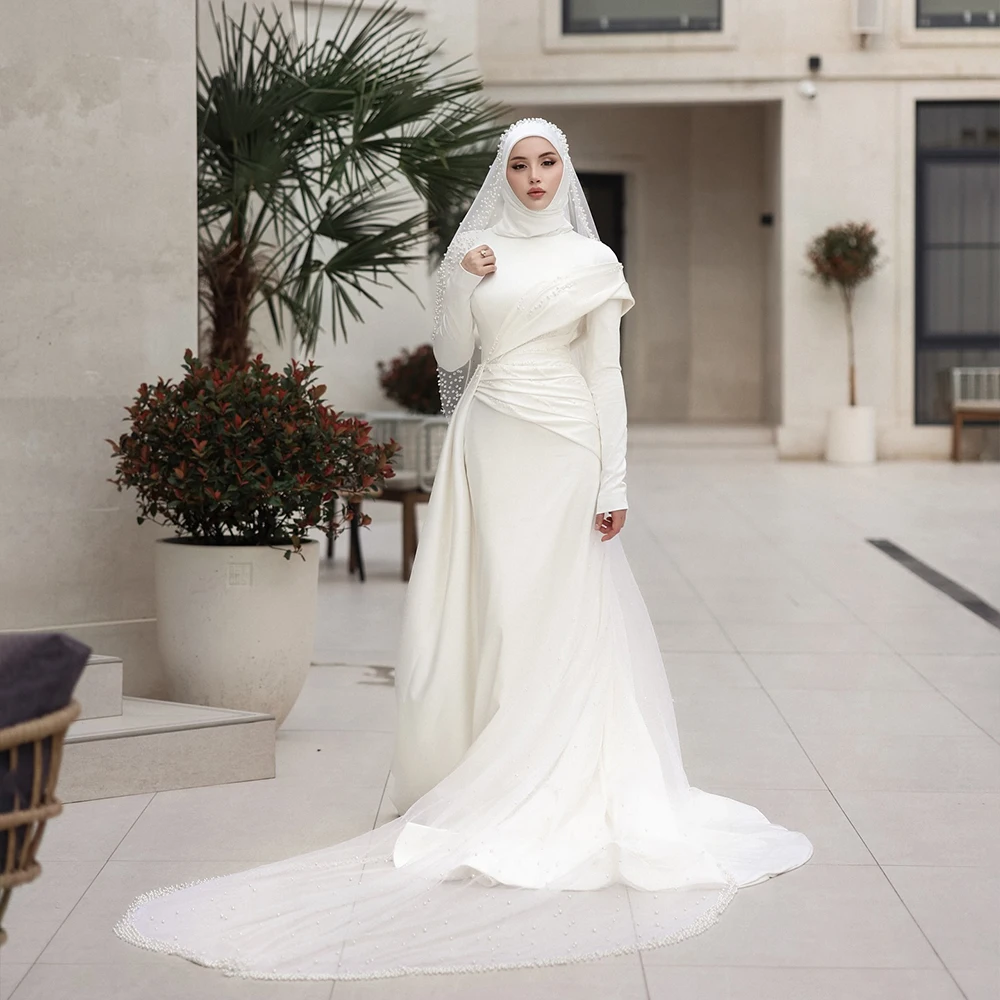 فساتين زفاف إسلامية برقبة عالية وأكمام طويلة فستان عروس حورية البحر سويب تراين شاطئ مطرز بالخرز فستان زفاف مخصص رداء دي ماري #1