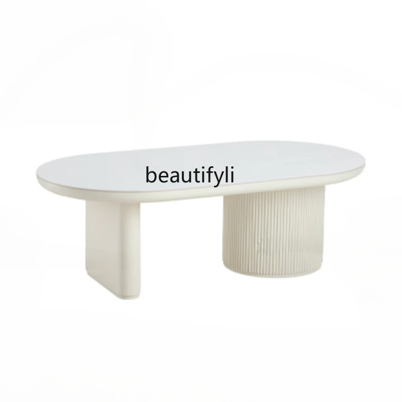 Cream Silent Style White Stone Plate Coffee Table Arc Tea Table New High-End round Table furniture living room