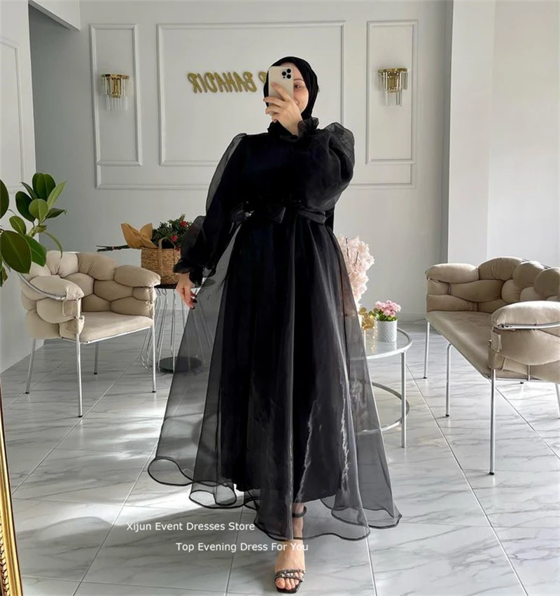 Xijun Black Modest Short Evening Dress Organza Prom Dress Long Sleeves Prom Gowns Formal Arabric Ankle Length Party Dress 2023