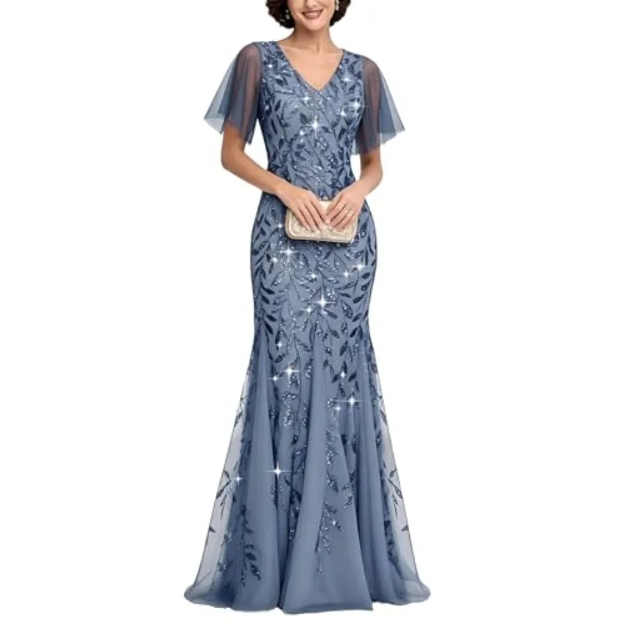

Women's Formal Evening Gowns Long Sparkly Sequin Elegant Tulle Sleeve Mother of Bride Dress Bodycon Maxi Prom Dresses