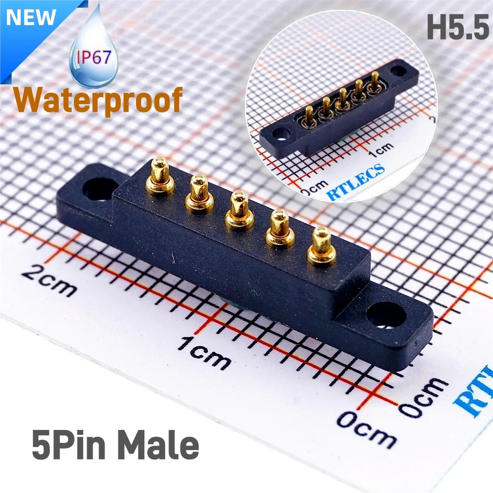 Spring-Loaded Pogo Pin 5 Pin Male Header Female Pad Contact Pad 2.54 mm Grid Through Hole With Flange Panel Mount Strip 2A 36VDC