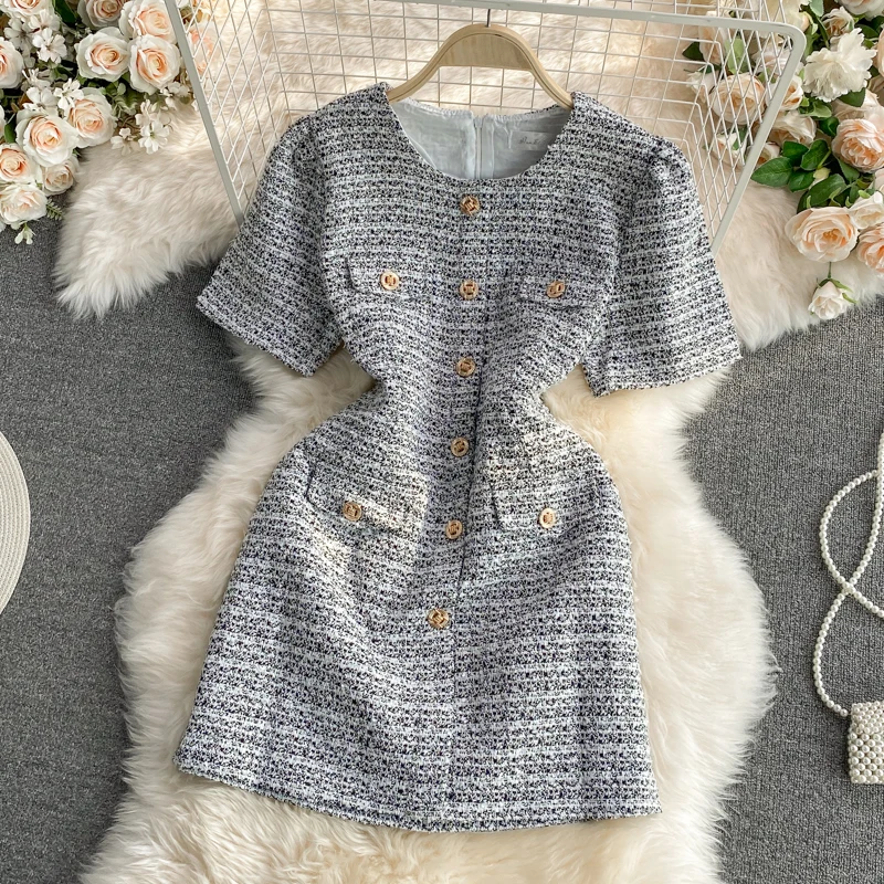 OCEANLOVE Tweed Vestidos Single Breasted Korean Fashion Summer Elegant Women Dresses Short Sleeve Vintage Sexy Mini Dress