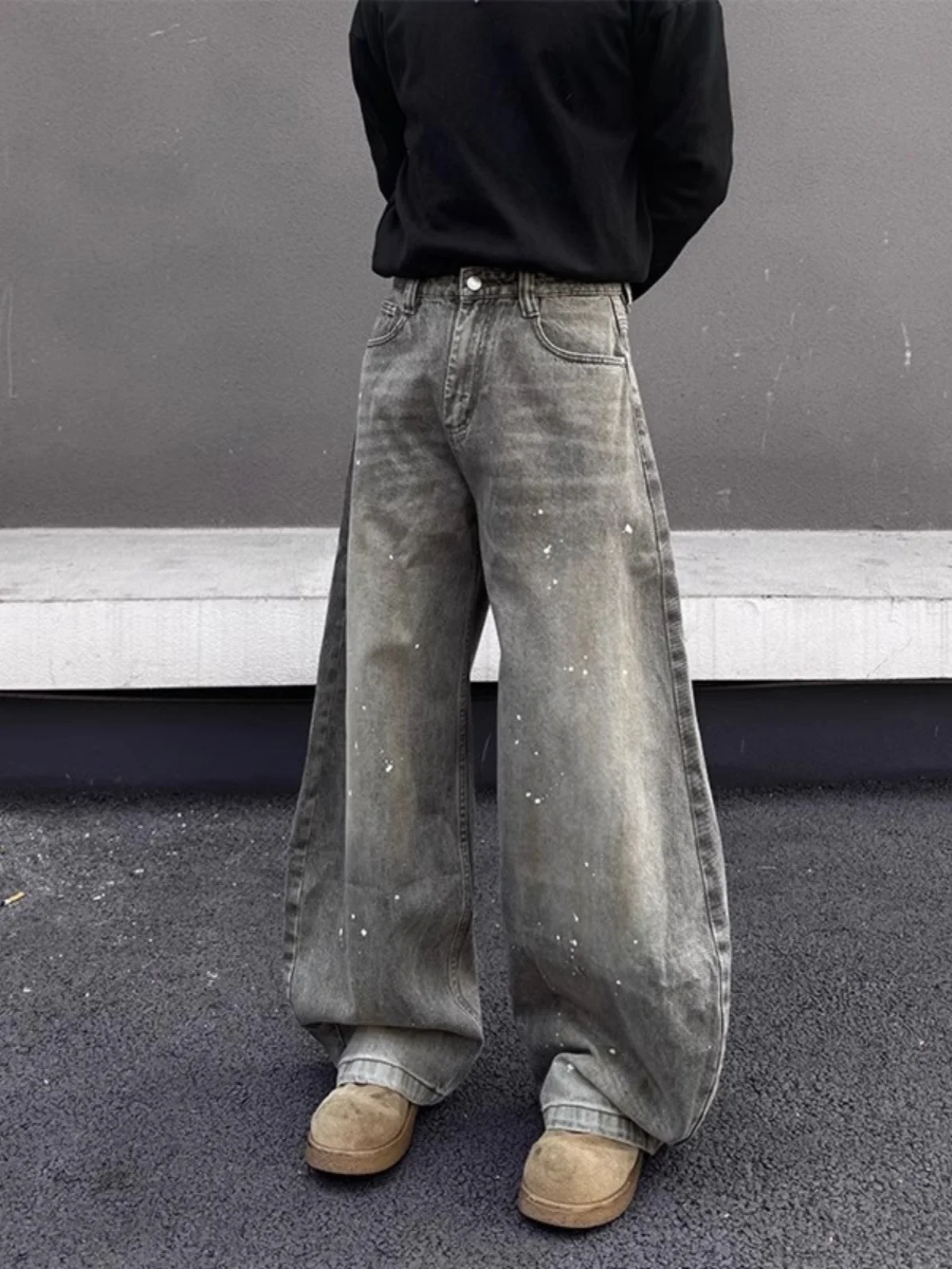 

Retro American Vintage Distred Spray Ink Baggy Jeans Men's Loose Blade Silhouette Lazy Couple Casual Pants Trendy