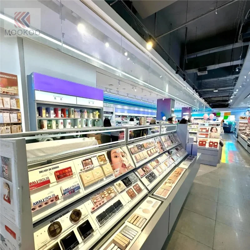 custom.Best Design Modern Cosmetic Store Decoration Aluminium & Glass Display Shelves and with LED Lit Easy Assembly