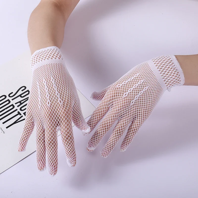 Girls Lolita Lace Hollow Out Gloves Women Ceremony Etiquette Mesh Thin Mittens Gothic Punk Sexy Glove Black White Soft Elastic