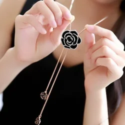 Classic Simple Black Rose Long Tassel Sweater Chain Necklace for Women Vintage Temperament Zircon Flower Pendant Party Jewelry