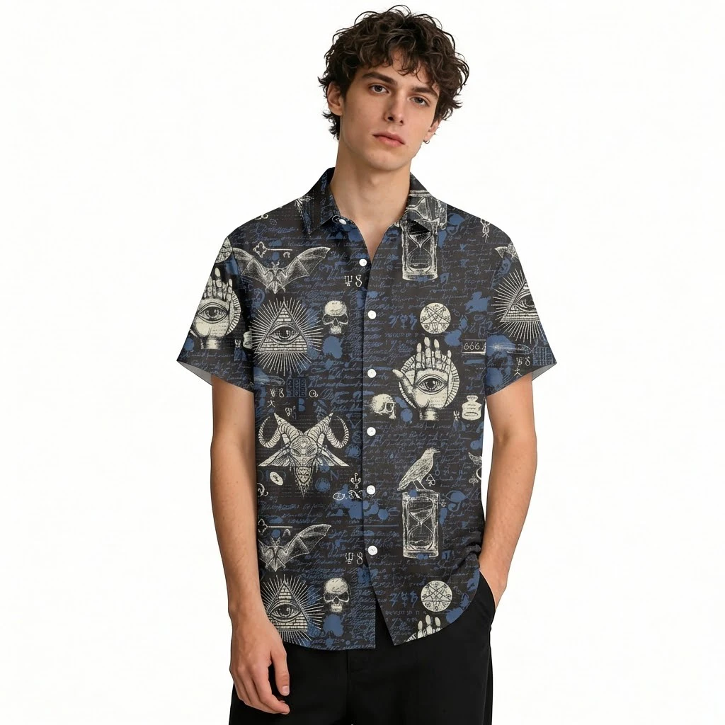 

Mysterious Dark Gothic Style Hawaiian Shirt Skull Eye Print Street Retro Y2k Tops Personality Cool Breathable Casual Lapel Shirt