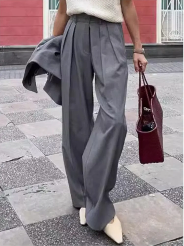 Pantalon droit gris en coton mélangé pour femme, surintendant ser, vêtements décontractés simples pour femme, document solide, haute qualité, automne, nouveau, 2024