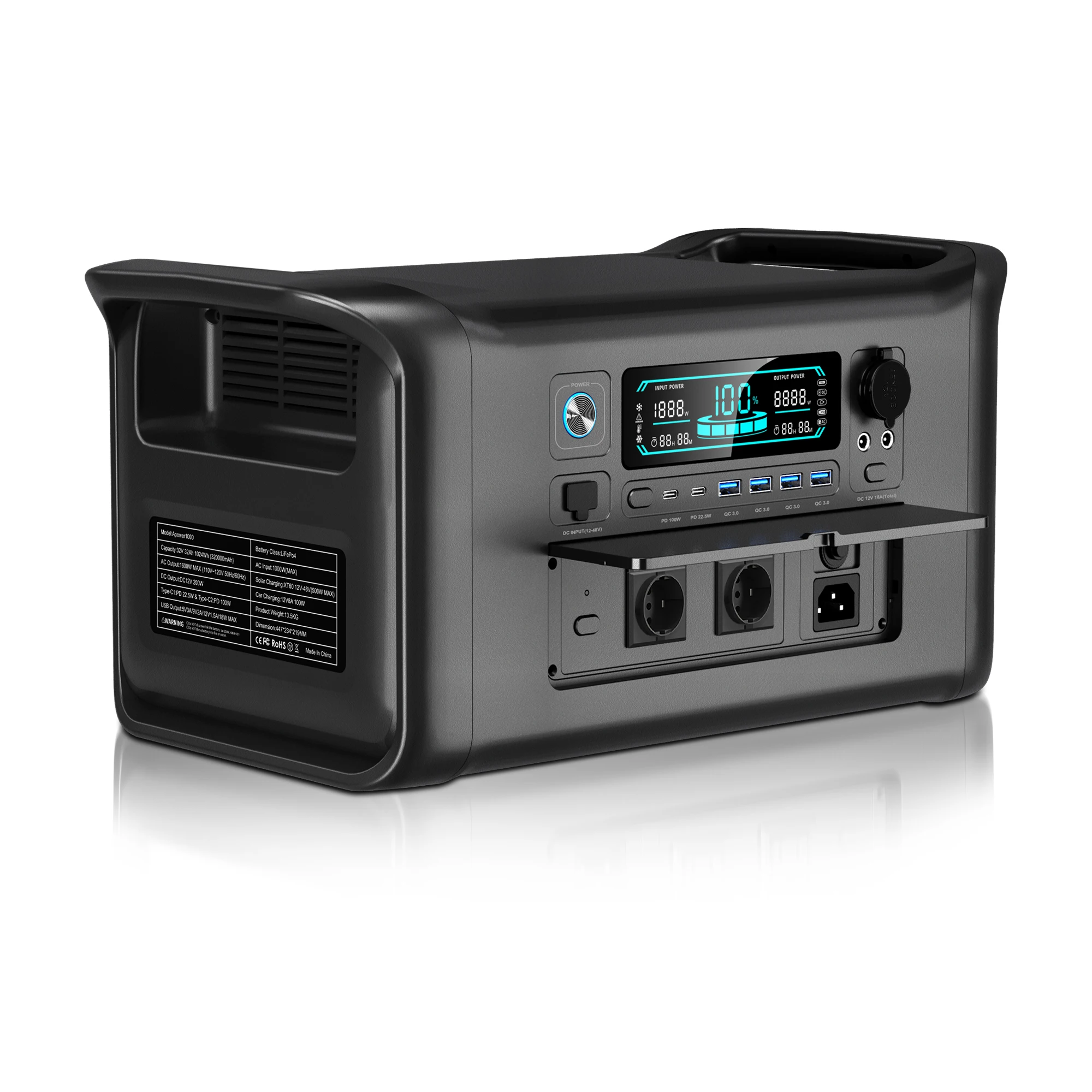 CTOLITY 200W-1800W Powerstation 1024Wh 192Wh Tragbarer Solar-Generator Energiespeicher mit reiner Sinuswelle, LiFePO4-Batterie, Powerbank für Outdoor-Energiespeicherung, Camping, USB Typ-C, LED