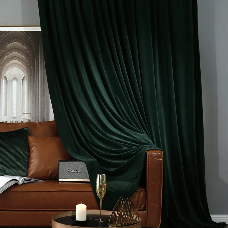 American Vintage Cortina Light Luxury Curtains for Living Room Thickened Velvet Drapes Dark Green Blackout Curtains Home Custom