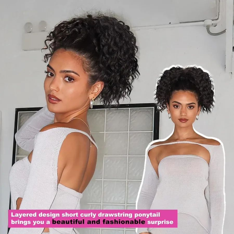 وصلة ذيل حصان مجعدة صناعية قصيرة متعددة الاستخدامات بطول 10 بوصات مع رباط للنساء ذوات البشرة السمراء، خياران للتصفيف في فكرة واحدة