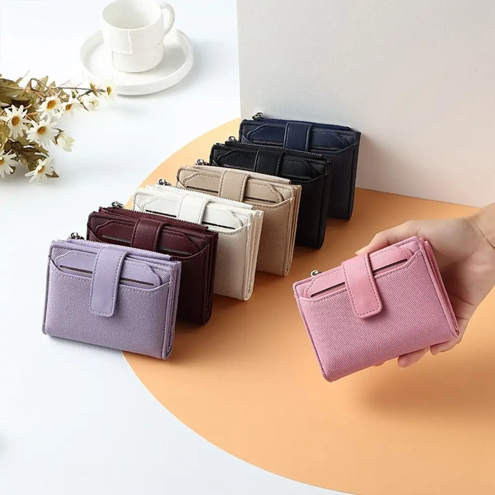 Solid Color Short Wallet New Folding PU Leather Coins Purses Wallet Fashionable Zipper Card Bag Women