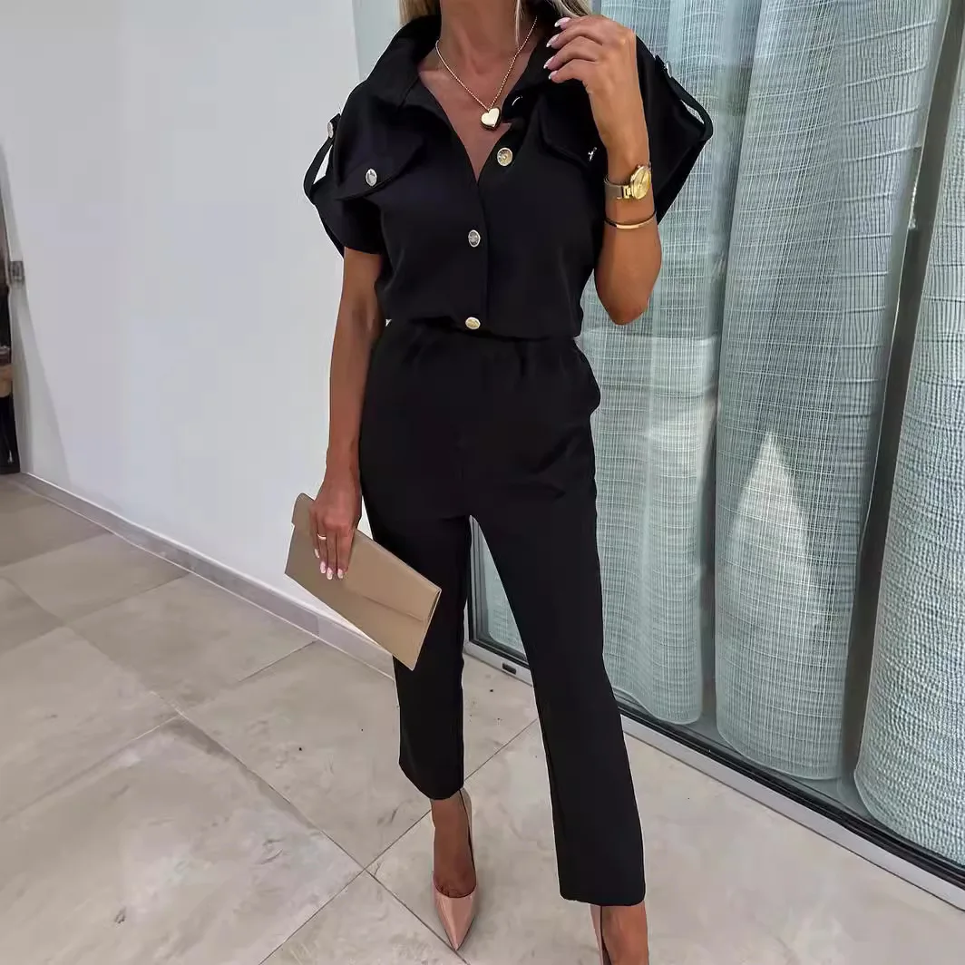 Summer New Casual Jumpsuit Women Rompers Pink Elegant Fashion Short Sleeves Pockets  Elastic Waist Trousers Jumpsuits Streetwear