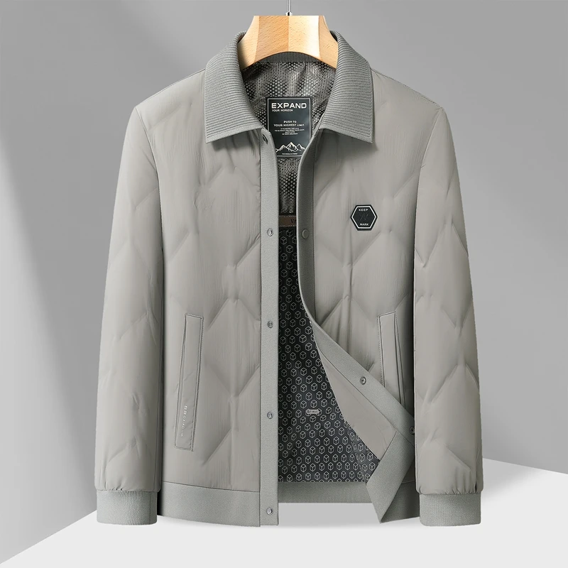 

Stylish Men White Duck Down Puffer Jackets Ribbed Collar Cuffs Hem Design Basic Coat Coffee Black Gray Lightweight Thermal Coats