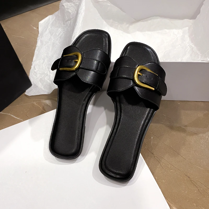 Zapatillas de verano para mujer, chanclas planas de cuero con punta cuadrada para mujer, sandalias deslizantes de diseñador para mujer, zapatos de mujer, sandalias de lujo