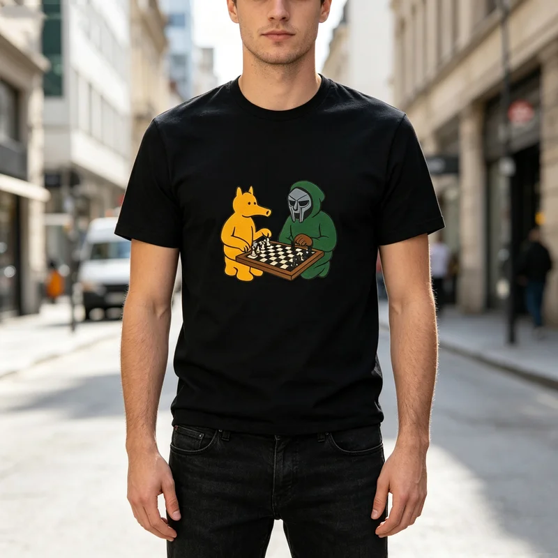 Cartoon Fox and Masked Chess Graphic T Shirt Funny Game Print Mens 100%Cotton Crew Neck Y2k Top Harajuku Unisex