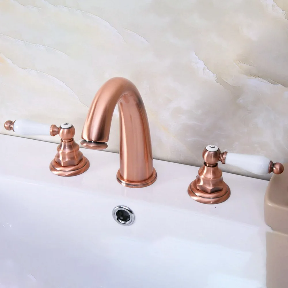 

Antique Red Copper Brass Deck Mounted Dual Handles Widespread Bathroom 3 Holes Basin Faucet Mixer Water Taps mrg063