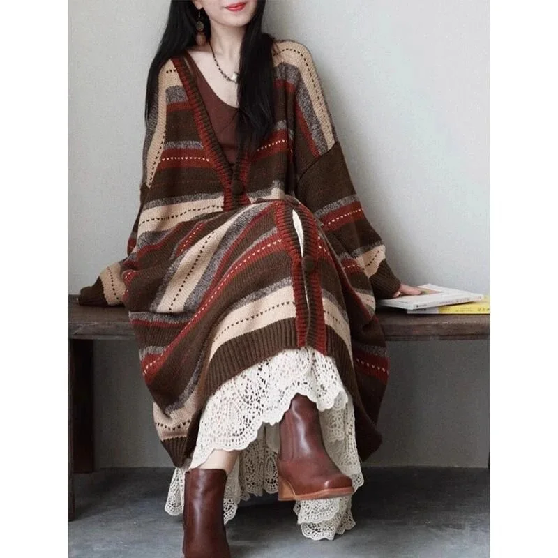 

Retro Color Blocked Medium Long Knitted Jacket for Women Autumn Winter New Style Lazy Style Western-Style Loose Cardigan Sweet