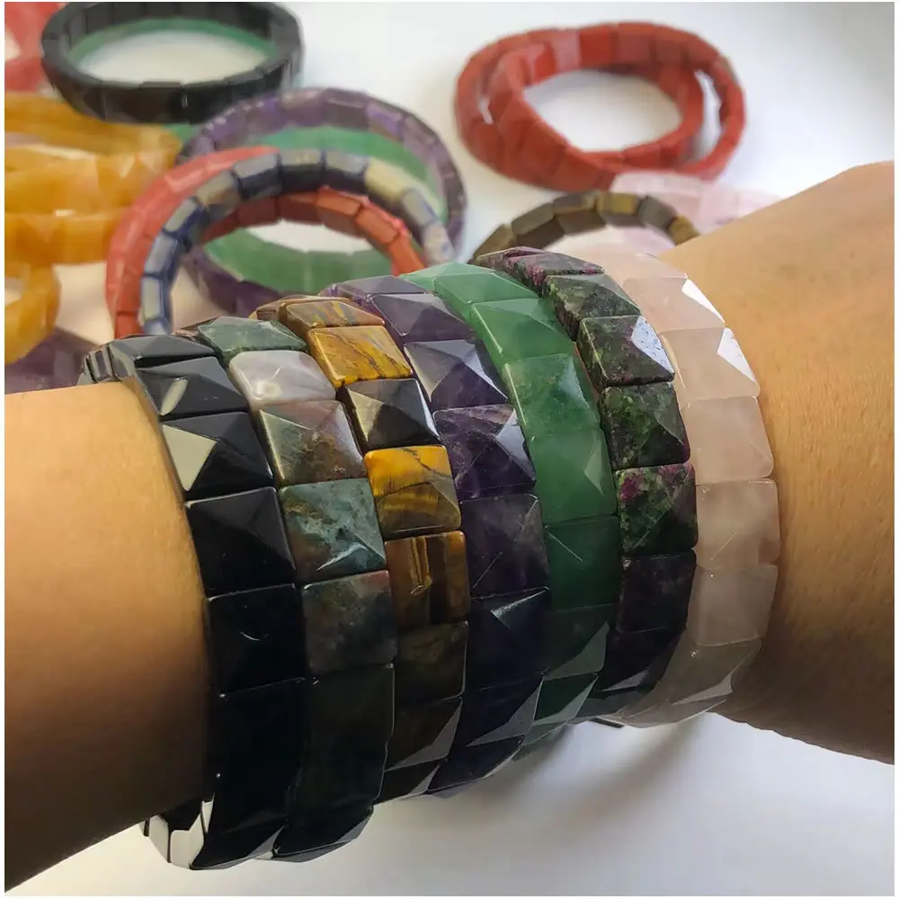 12mm Naturstein-Armband mit quadratischen Perlen aus Tigerauge, Achat und Kristallquarz für Damen und Herren, handgefertigter Stretch-Schmuck, Energie-Geschenke – Detail 1