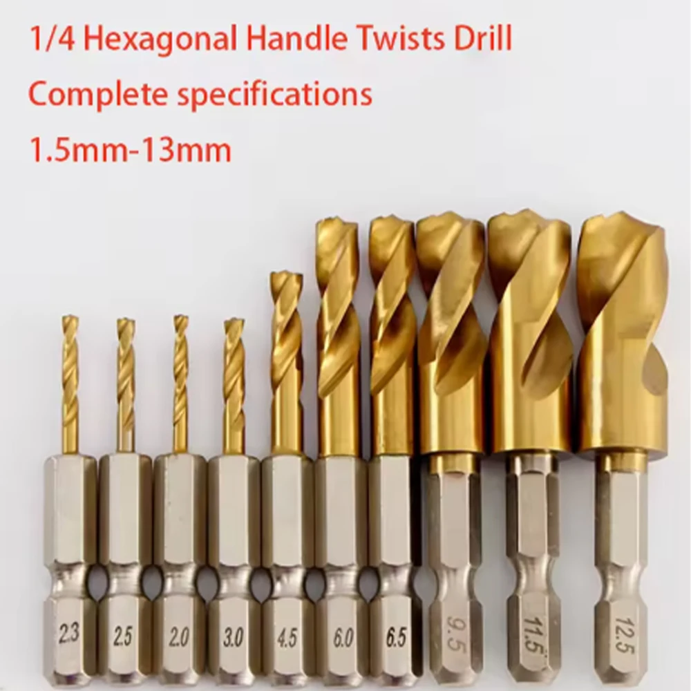 1/4 Inch Hex Shank Twist Drill Bit High Speed Steel Titanium Coated Metric Drill Bits 1.5mm 2mm 3mm 4mm 5mm-13mm