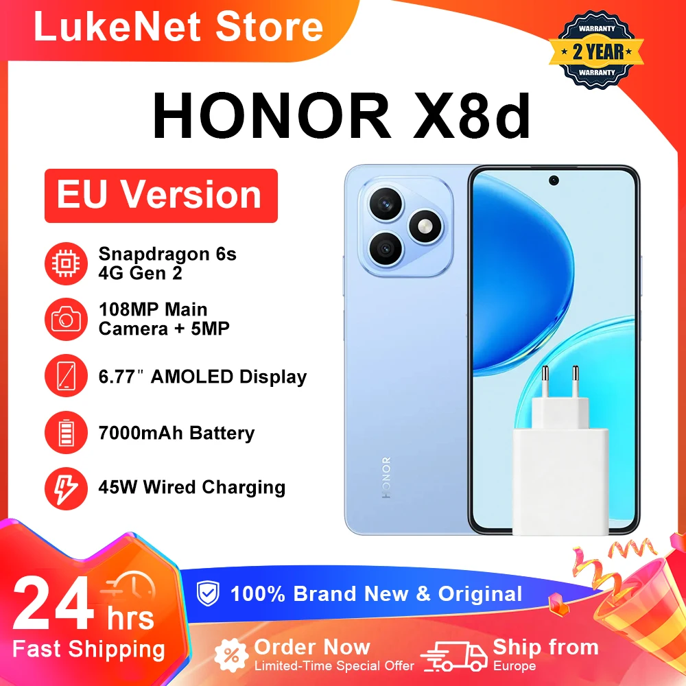 HONOR X8d EU-Version Smartphone Snapdragon 6s 4G Gen 2 6,77 Zoll AMOLED 7000 mAh Akku 45W superschnelles Laden 108MP hochauflösende Hauptkamera IP65