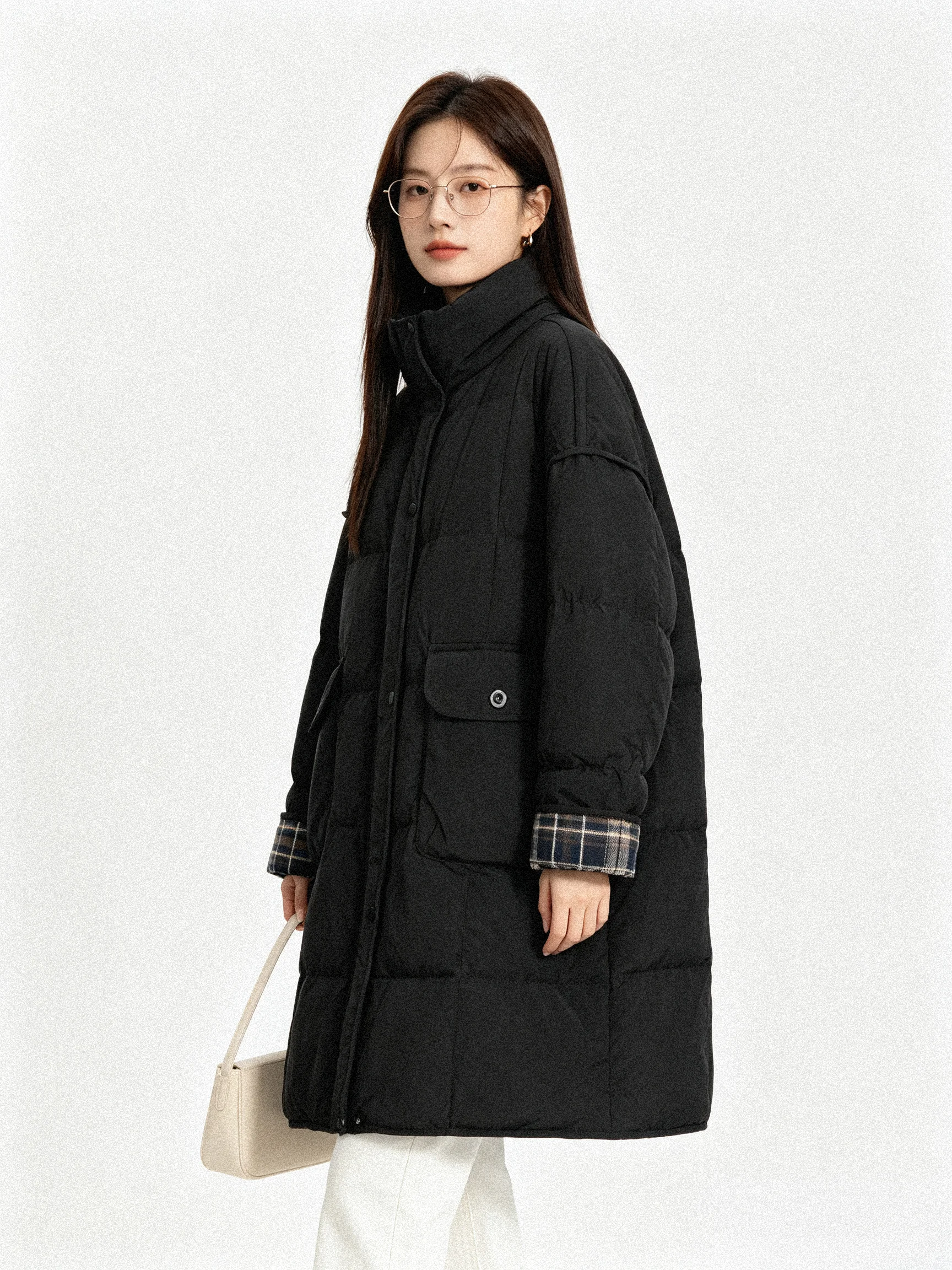 Korean Style Lightweight Vintage Plaid Stand Collar down Jacket Coat 2026 Winter Mid-Length Versatile Elegant Fashionable