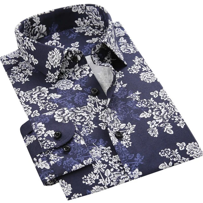 Men\'s Casual Printed Cotton Shirts Big Flower Print No Pocket Comfortable Long Sleeve Standard-fit Turn-down Collar Shirt