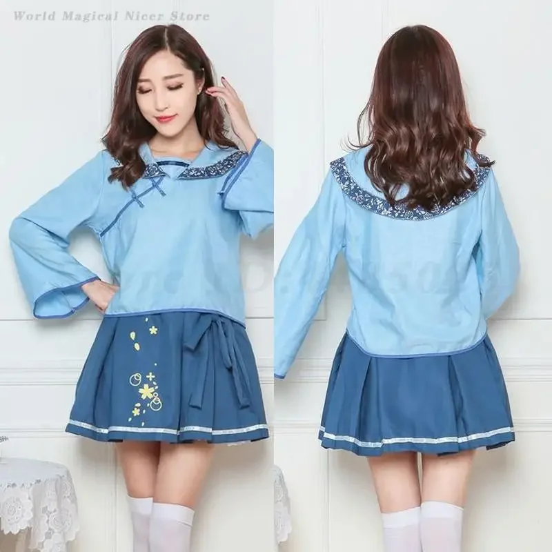 

Retro Traditional Chinese Clothes Long Sleeves T-Shirt Skirt Women Mini Kawaii Uniform Girls Sailor Collar Cute Harajuku Dress