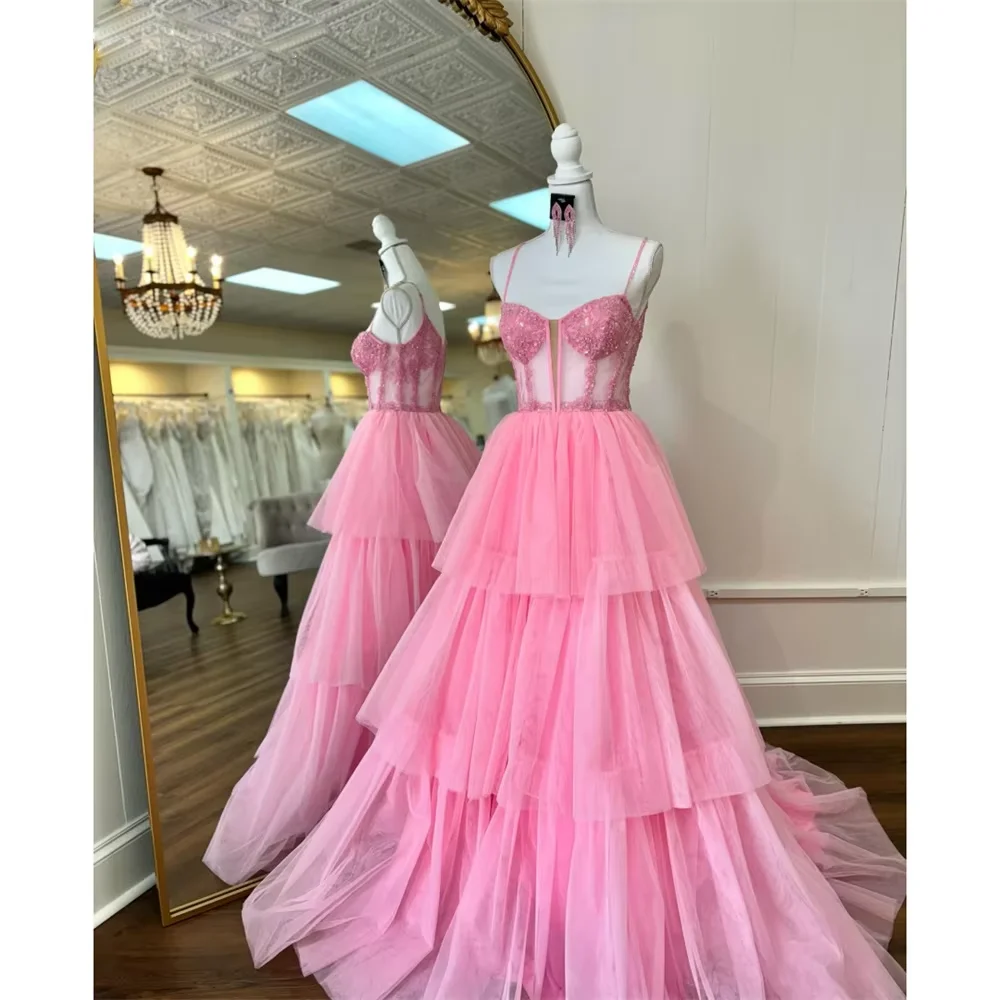 

Customized Lace Applique Evening Dress Floor-Length Spaghetti Strap Wedding Party Dresses Bareback Glitter Women's Party Dress
