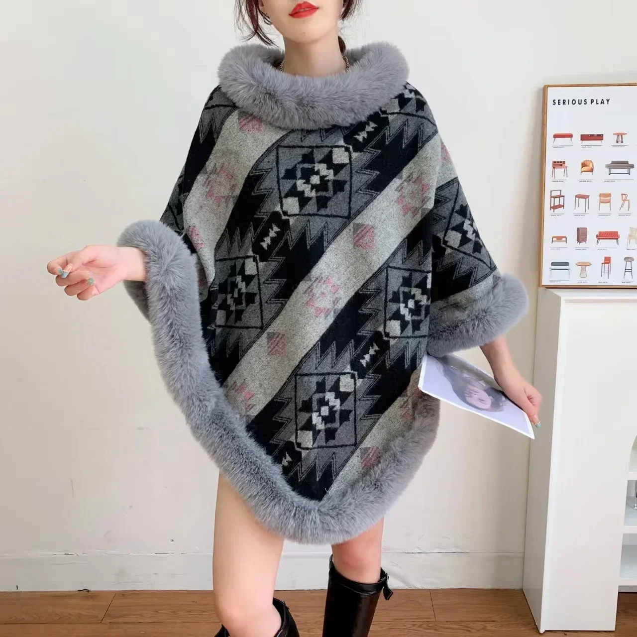 6 Colors Female New Loose Streetwear Printed Poncho Cloak Winter Velvet Warm O Neck Faux Rabbit Fur Women Pullover Shawl Coat