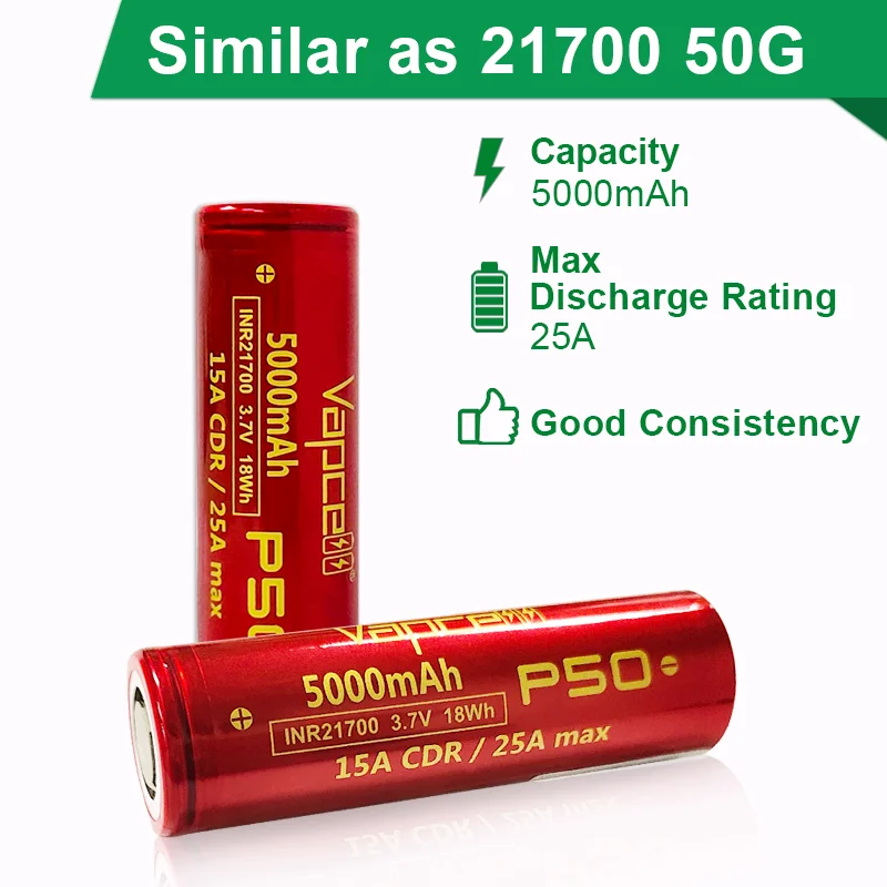 Original Vapcell P50 INR 21700 5000mah 15A/25A 3.7V Rechargeable Lithium Ion Battery Similar As 50G Beat LG M50 For BoxMod