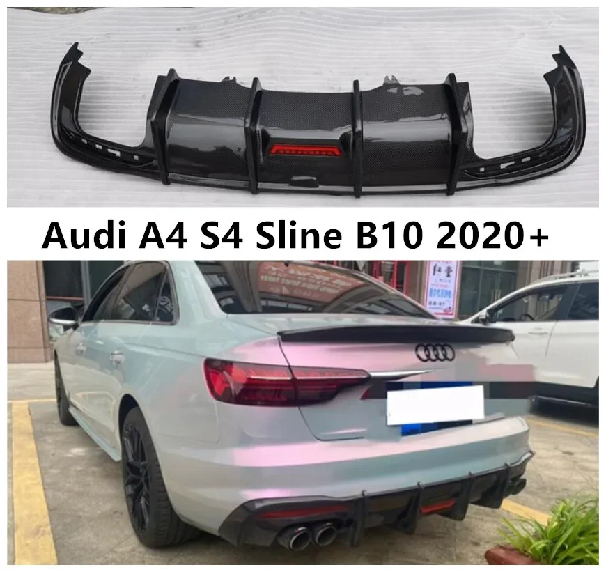 Rear Bumper Diffuser For Audi A4 S4 Sline B10 2020 2021 2022 Trunk Door Lip Spoiler Real Carbon Fiber (With LED Light )