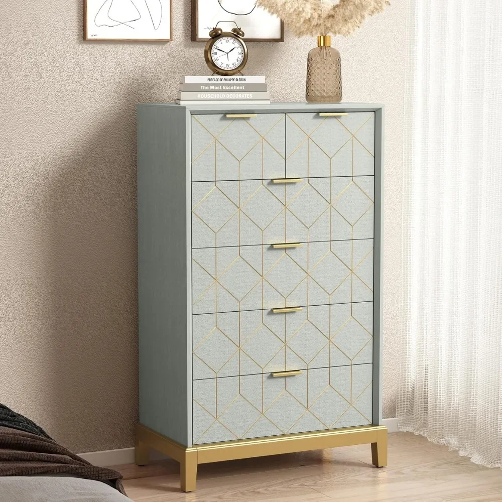 6 drawer bedroom dresser, green wood chest of drawers, gold trim, high vanity storage tower, closet large storage unit