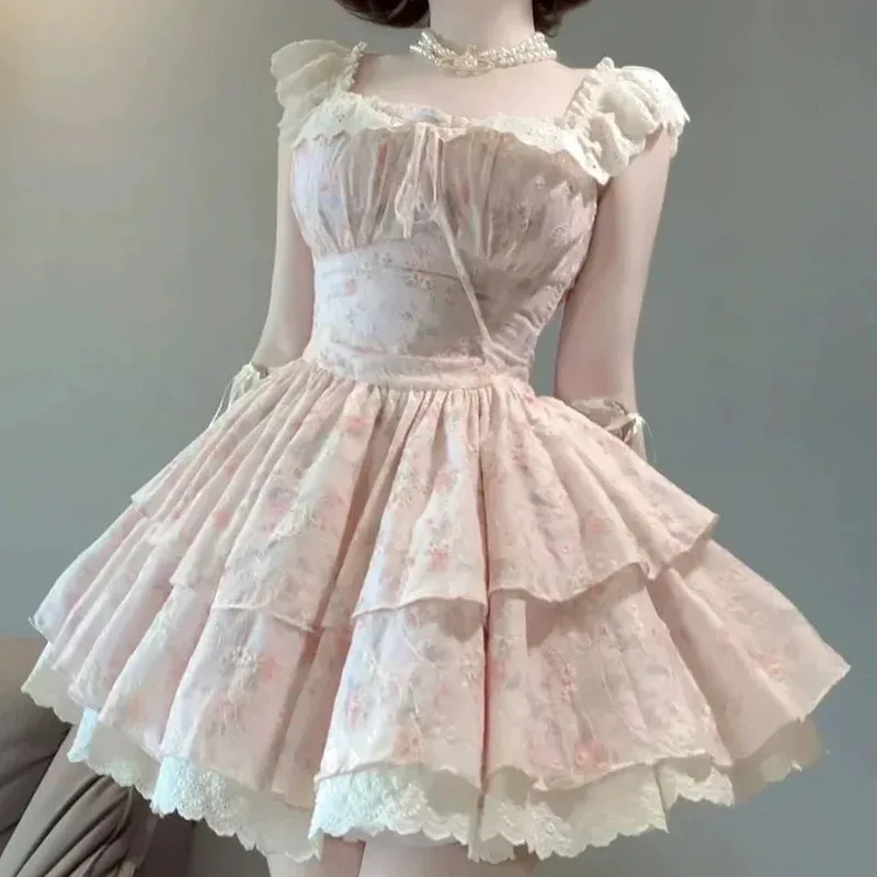 

Винтажное платье Лолиты, женское кружевное лоскутное милое многослойное платье принцессы с рюшами и высокой талией, женское корейское модное элегантное платье CO