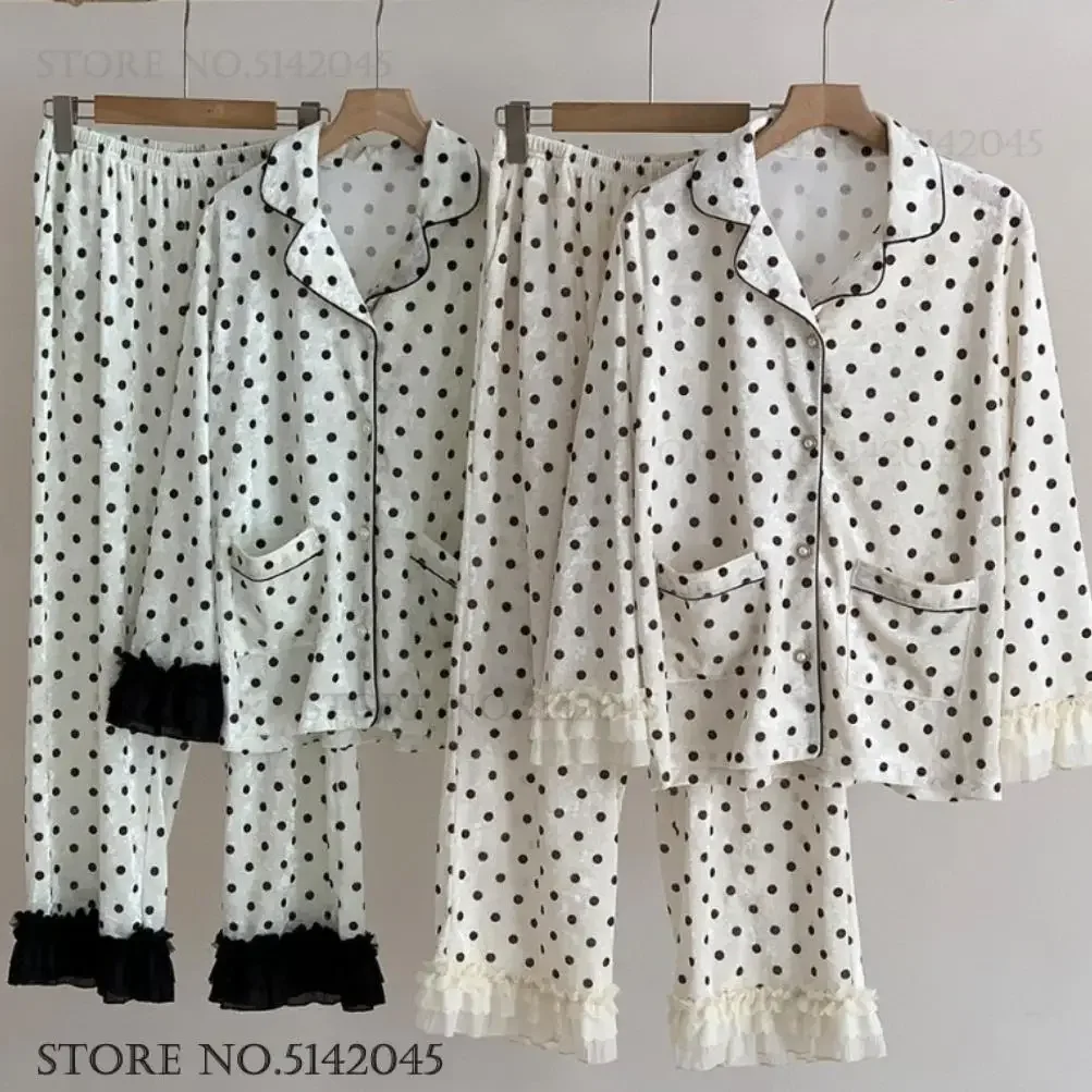 

New Velour Female 2Pcs Pajamas Set Sweet Print Dot Lace Sleepwear Home Clothes Autumn Winter New Nightwear Pijamas Suit Pyjama