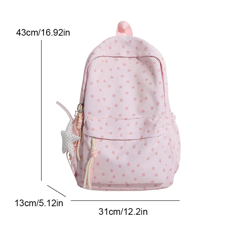 Polka Dot Nylon Backpack for Teen Girls Cute Star Charm School Bag College Student Bookbag Large Capacity Travel Rucksack
