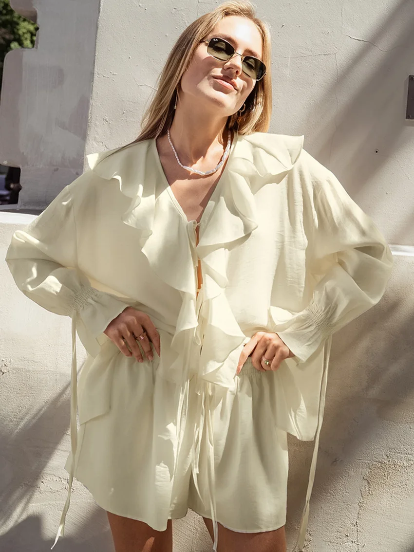 Summer Designer Ruffles Fashion Casual Suit 2025 New Lace-Up Cardigan Shirt Top + Shorts Two Peice Sets Women Loose Suits