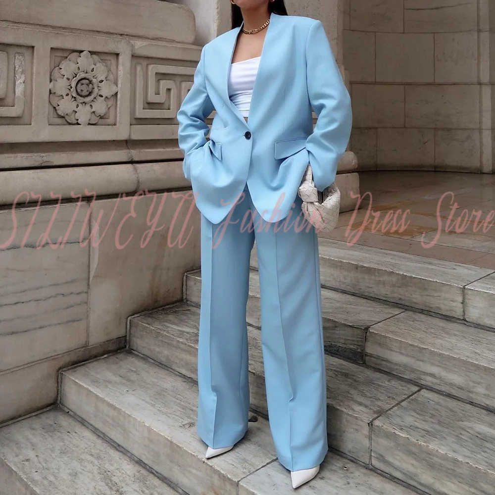 2026 Spring Summer Women Elegant Sky Blue Fashion Ladies Formal Suit Vacation Outfits Casual Office Lady Suits Jacket Pants