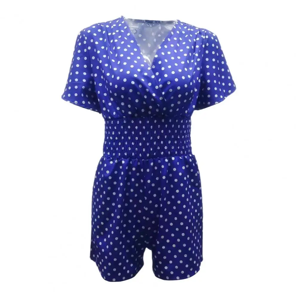 Jumpsuit kerah V wanita, Jumpsuit bergaya leher V dengan saku samping motif Dot, Romper kaki lebar, poliester pinggang tinggi untuk A