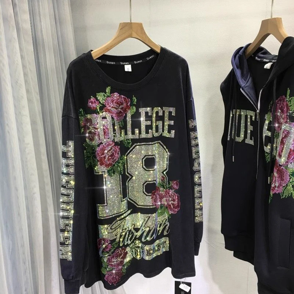 Plus Size Sweatshirts Black Top Spring Early New Fashion Letter Flower Diamonds Loose High Street Long Sleeve