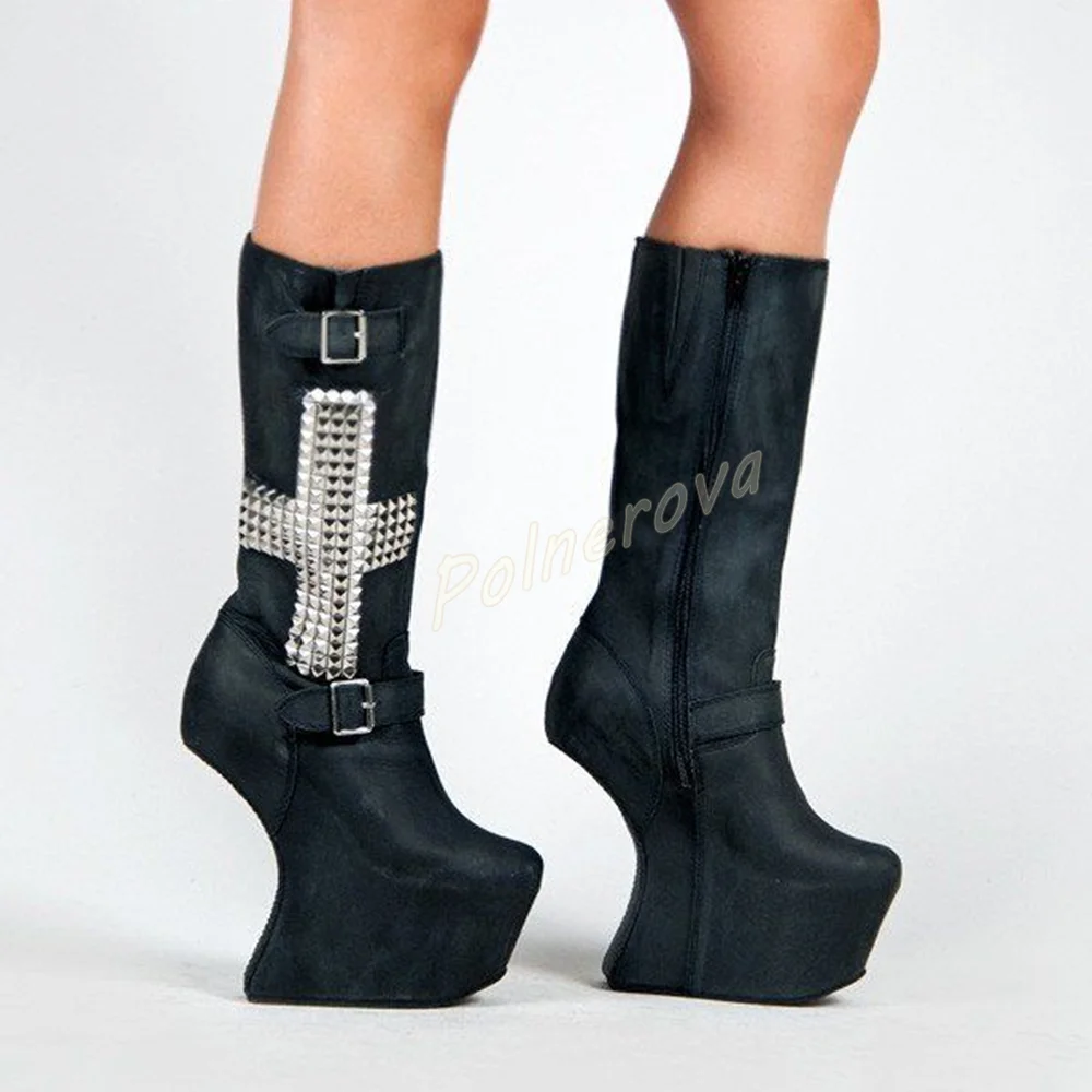Cross Rivet Strange Style Heels Boots Women Gothic Knee High Wedge Studded Buckle Strap Boots Platform Punk Rock Winter Boots