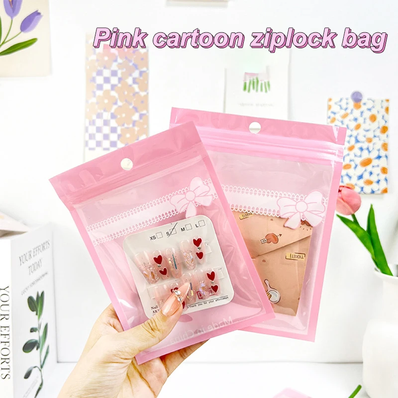 20 Pcs Cute Girl Heart Pink Bow Self-sealing Bags, Powder Puff Cosmetic Packaging Bags ,Antioxidant Jewelry Plastic Ziplock Bags