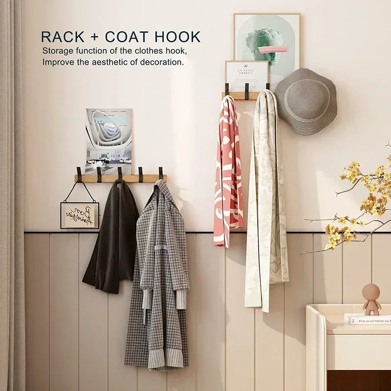 Nordic Wooden Wall Mounted Coat Rack with Movable 5 Hooks Aluminum Clothing Rail for Hat Towel Robes Hanger Perchero Furniture